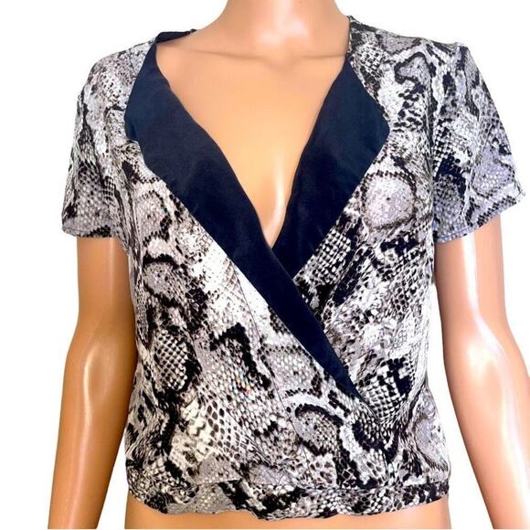 BCBGMAXAZRIA blouse Alvie Snake skin Print Wrap Top SZ SM cropped brown black - Picture 5 of 7